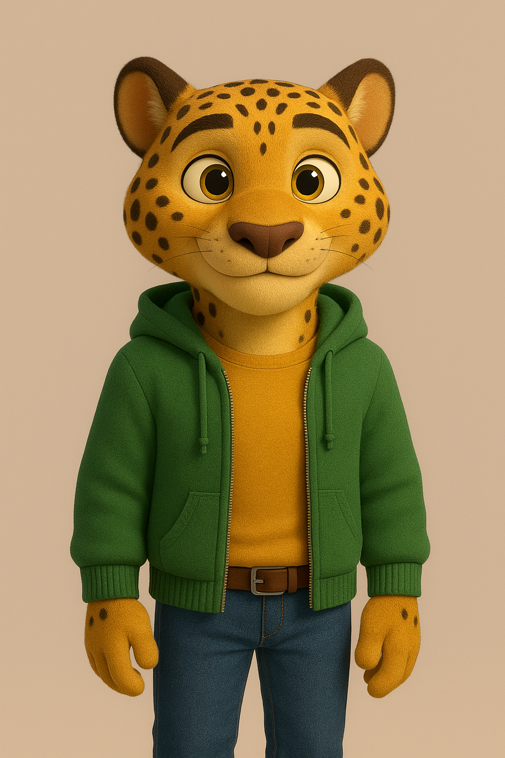 Kayru, jaguar amigable con chaqueta verde, mascota del Colectivo Caminantes del Arte
